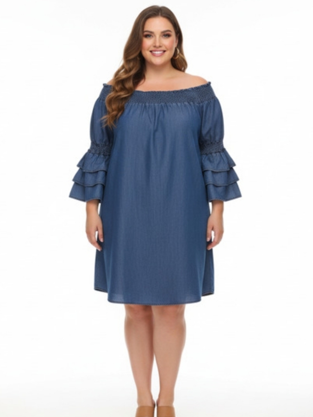 Eighty Eight Chambray Off The Shoulder Women's Dress Ruffle Sleeves Sz 1x